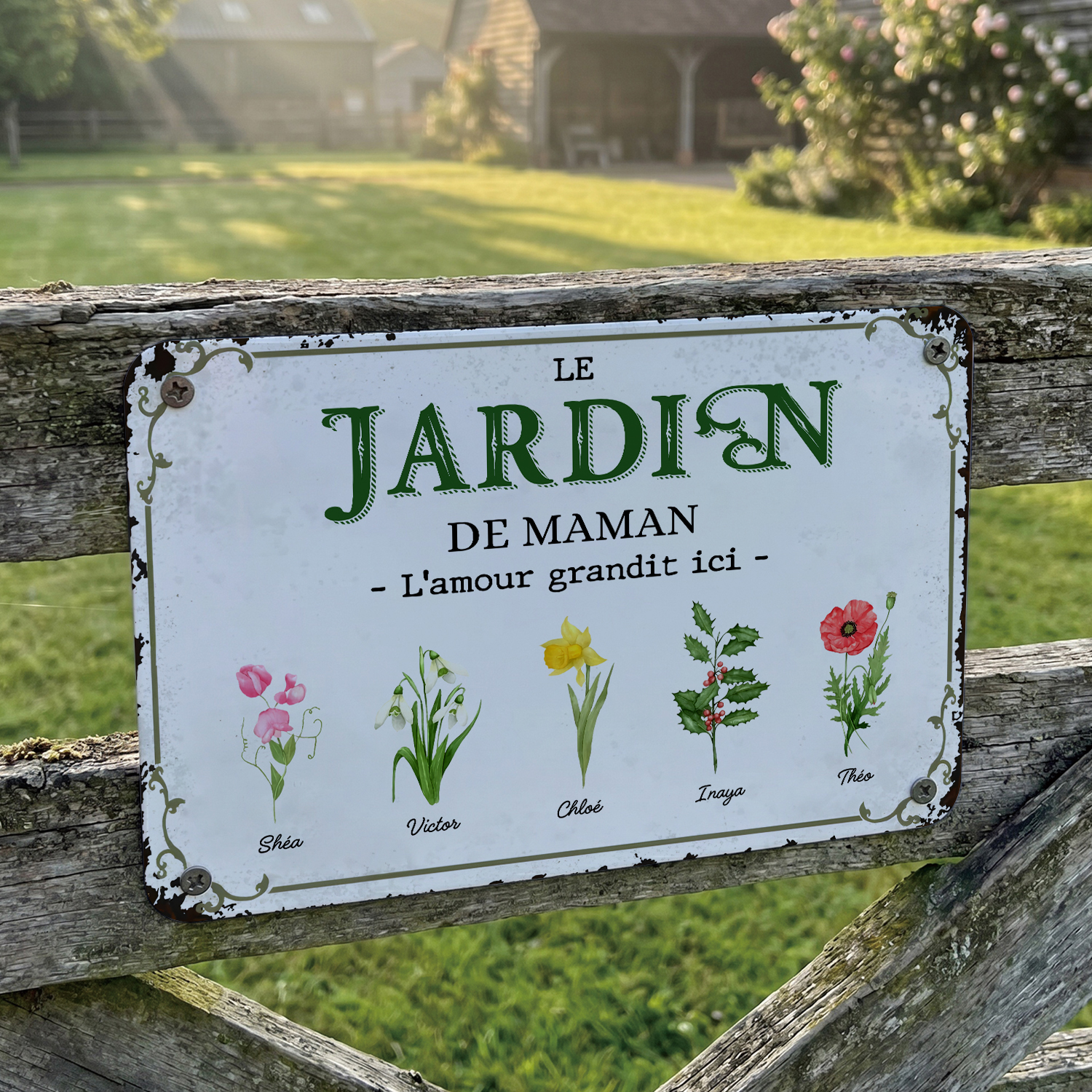 Plaque Métal Personnalisée avec 1-7 Prénoms et Fleurs de Naissance – Décoration Murale Jardin