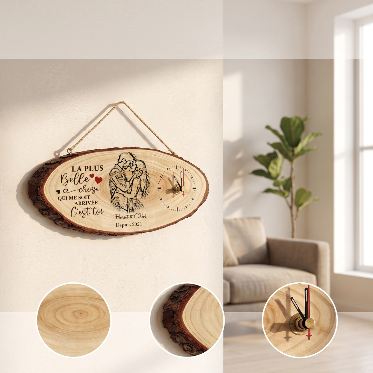 Horloge en Bois Personnalisée Couple avec Photo, 2 Prénoms et Date – Cadeau pour Anniversaire ou Saint-Valentin