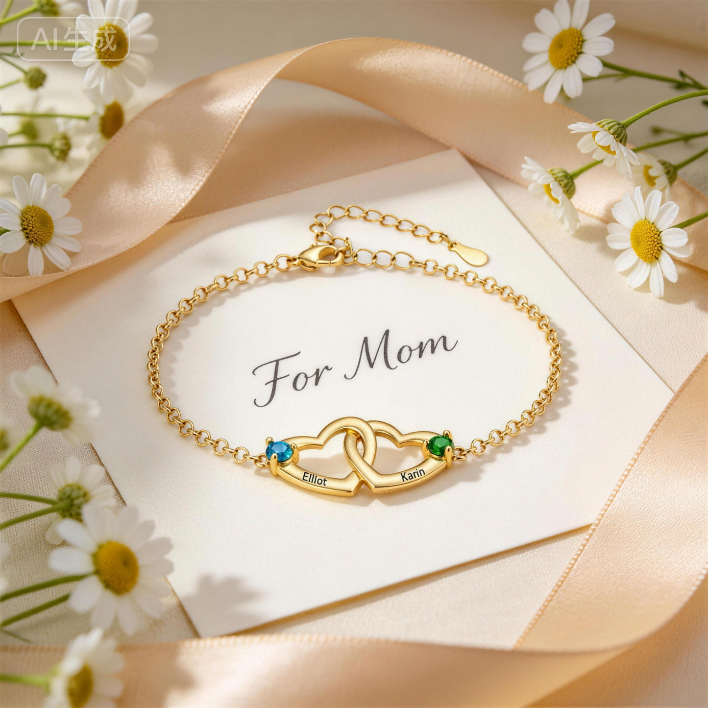 Bracelet Cœurs entrelacés Personnalisé avec 2 Prénoms et Pierres de Naissance pour Femme