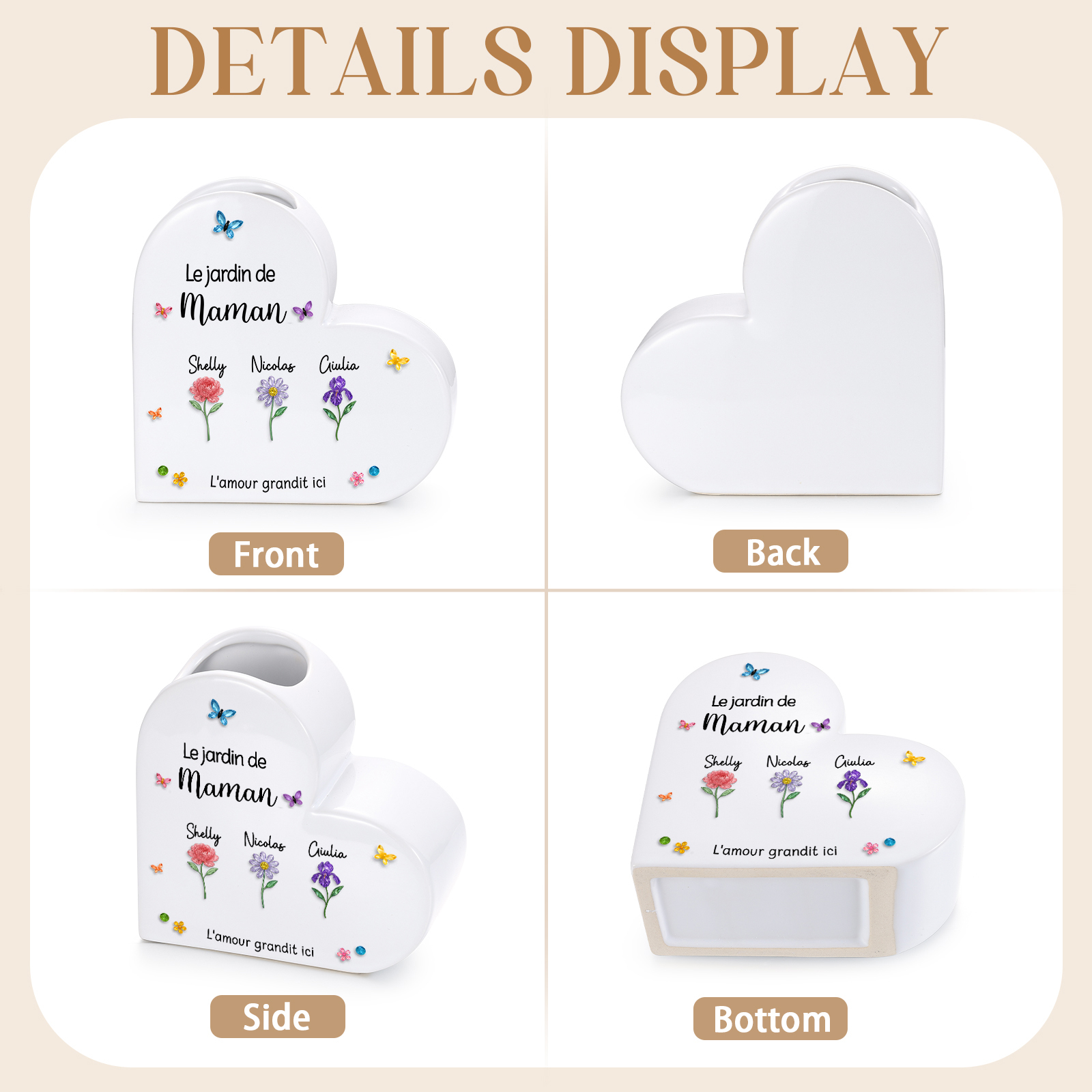 Vase Cœur en Céramique Personnalisé avec 1 à 10 Prénoms et Fleurs de naissance pour Maman/Mamie