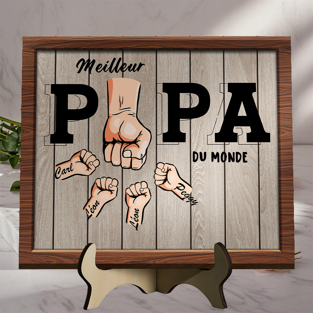 Plaque en bois personnalisée avec Poing et l'inscription "Meilleur papa du monde"