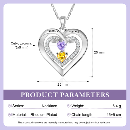 Collier Double Cœur Personnalisé avec Prénoms et 2-4 Pierres de Naissance