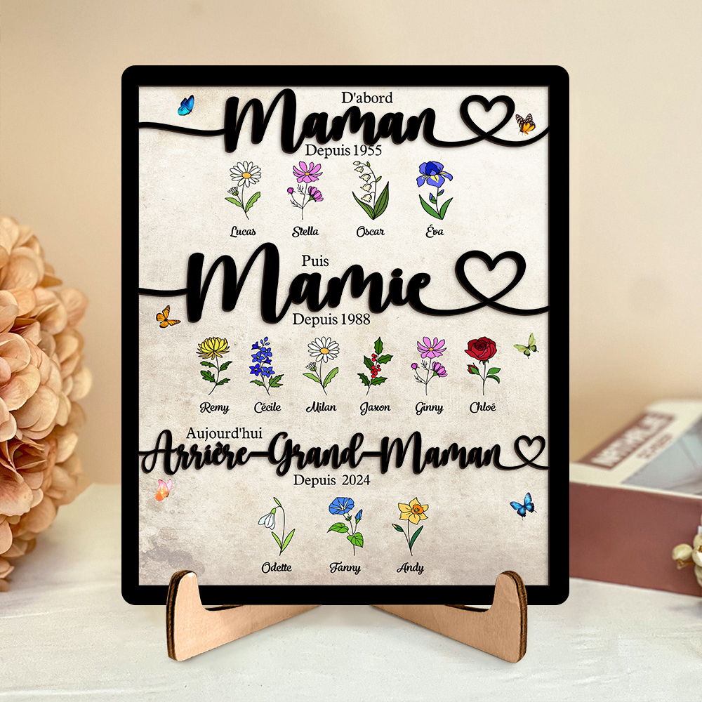 Cadre Familial Personnalisé en Bois « D'abord Maman Puis Mamie Aujourd'hui Arrière-Grand-Maman » avec motif floral
