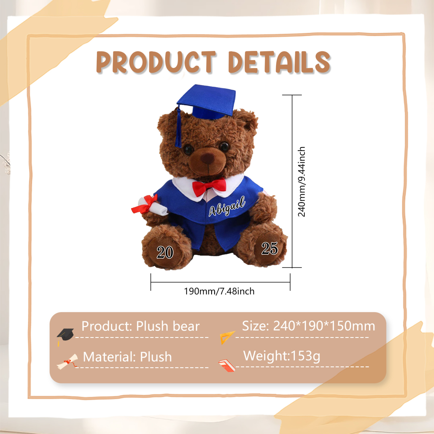 Ours Brun en Peluche Personnalisé de Graduation avec Prénom et Date | Jessemade