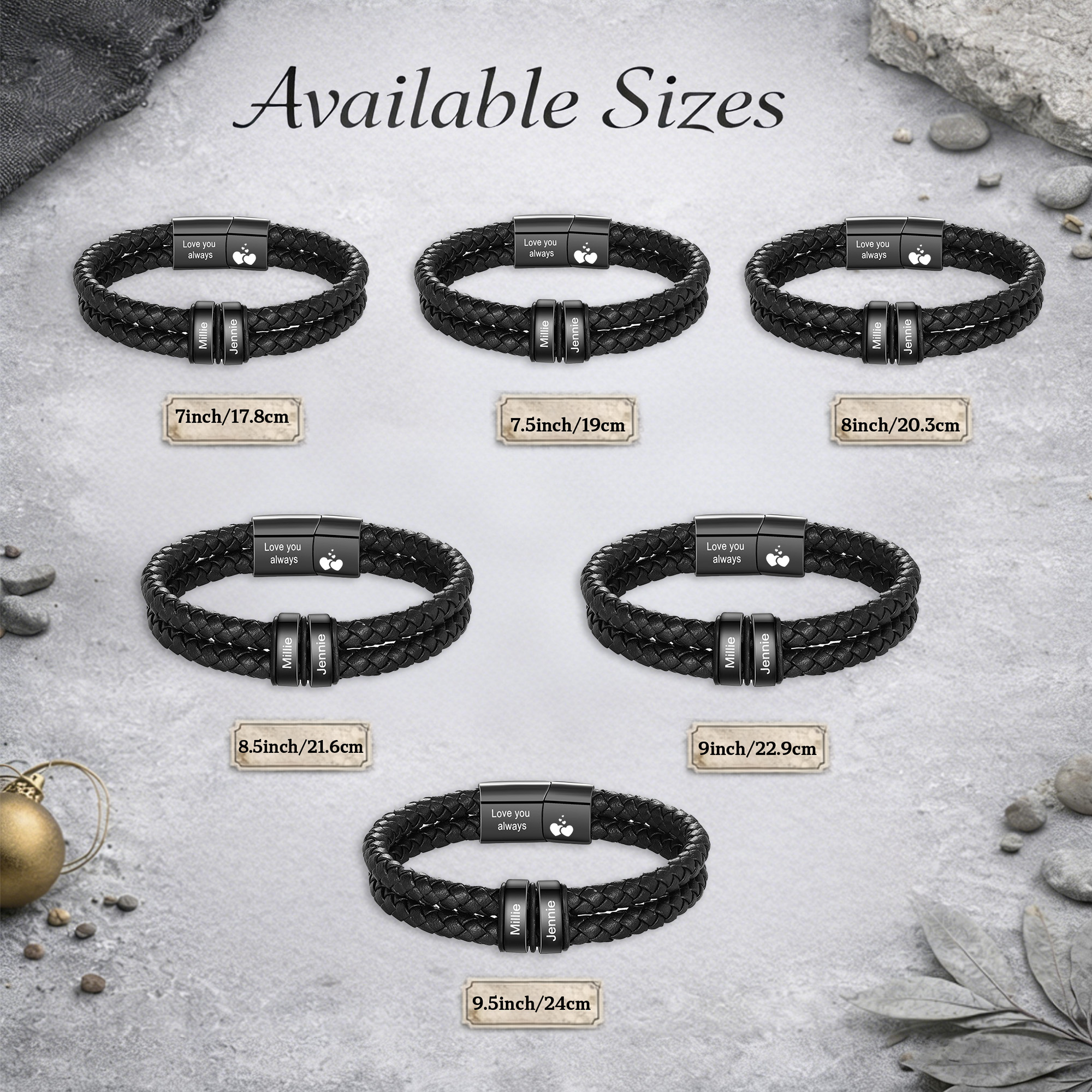 Bracelet en cuir tressé noir Personnalisé avec 2 à 6 Prénoms pour Homme