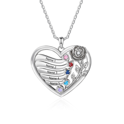 Collier Cœur de Roses Personnalisé avec Perre de Naissance et 2 à 5 Prénoms