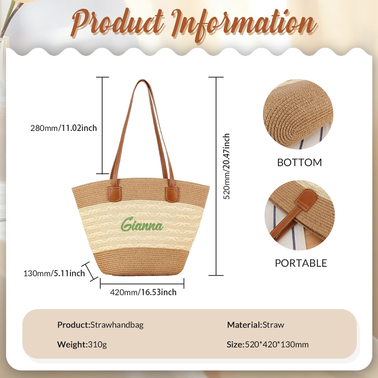 Sac de Plage personnalisé en Paille – 1 Prénom et Couleur au choix, Cadeau pour Femmes | Jessemade
