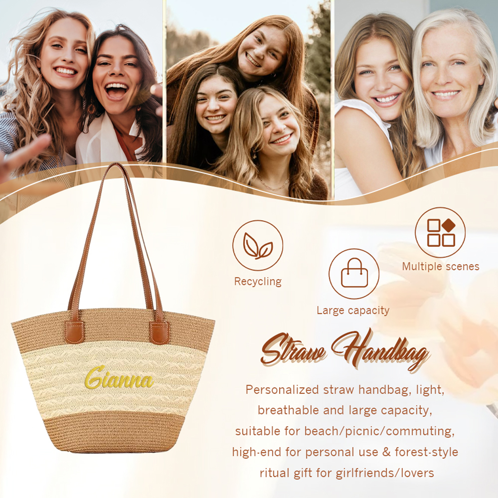 Sac de Plage personnalisé en Paille – 1 Prénom et Couleur au choix, Cadeau pour Femmes | Jessemade