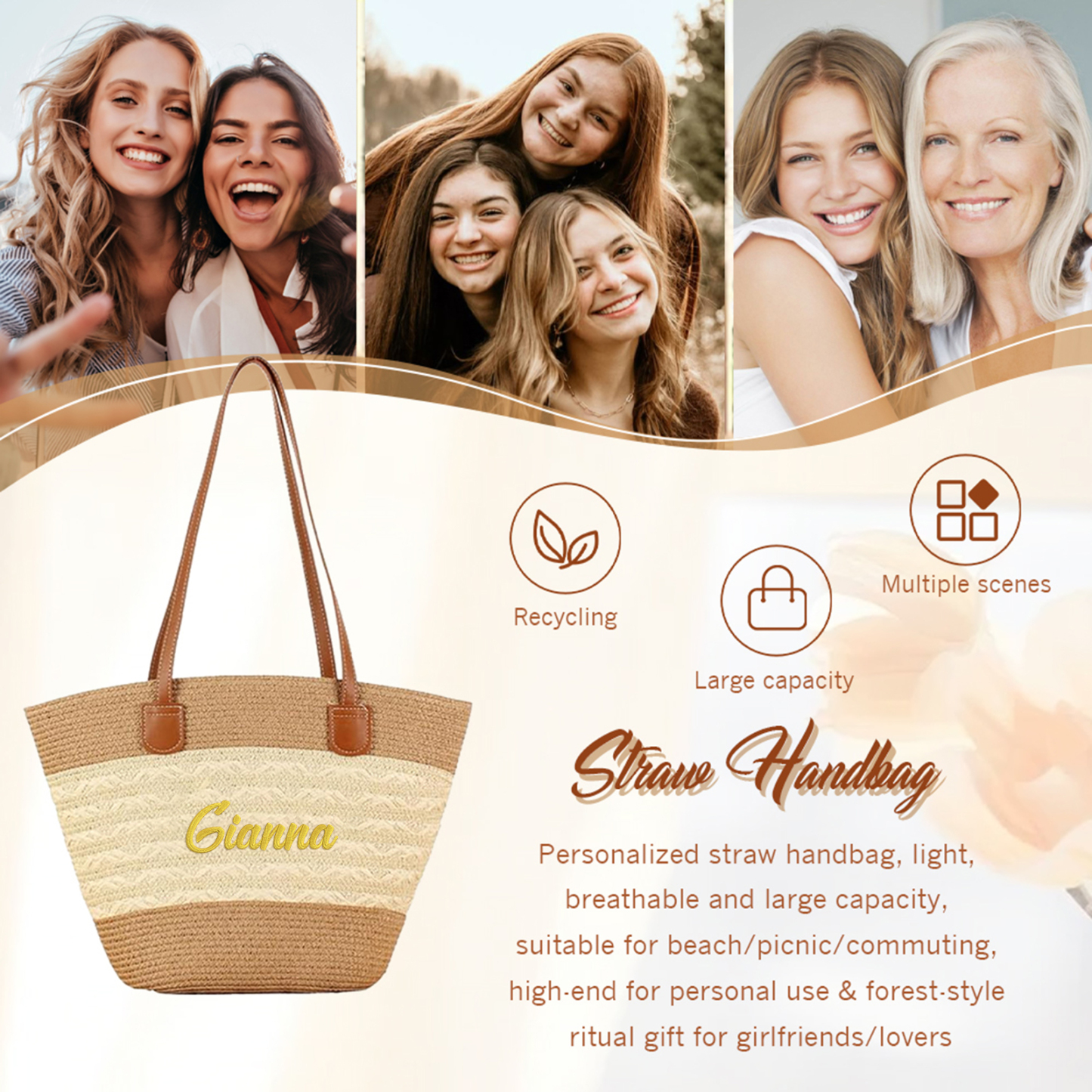 Sac de Plage personnalisé en Paille – 1 Prénom et Couleur au choix, Cadeau pour Femmes | Jessemade