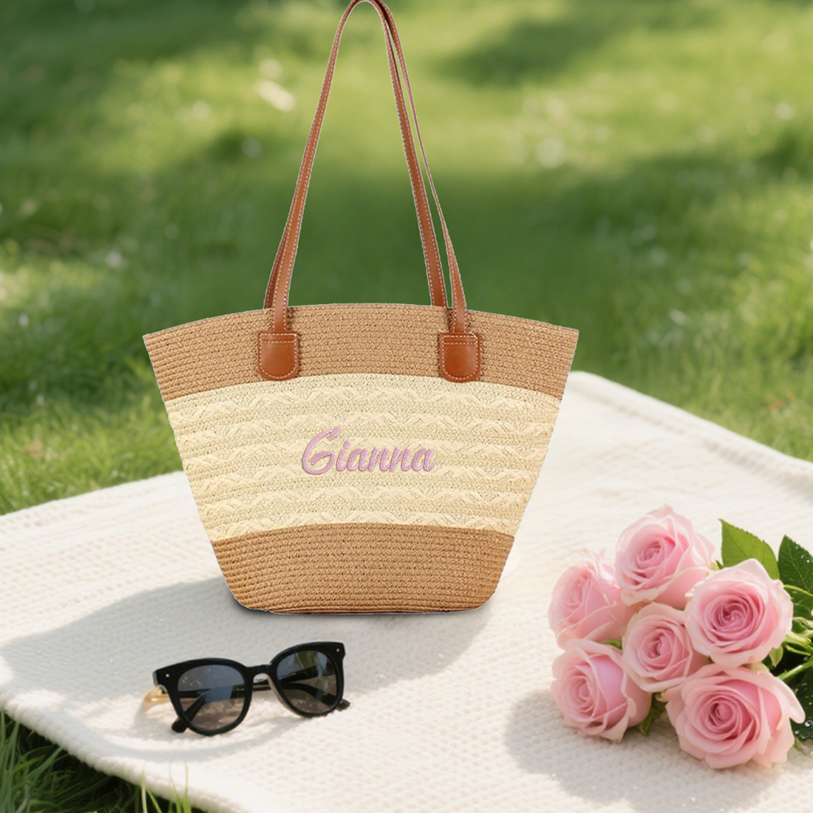 Sac de Plage personnalisé en Paille – 1 Prénom et Couleur au choix, Cadeau pour Femmes | Jessemade