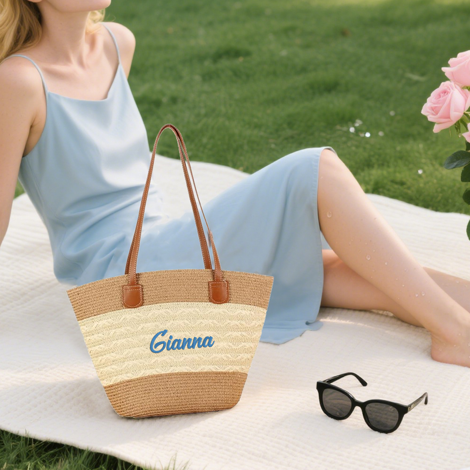 Sac de Plage personnalisé en Paille – 1 Prénom et Couleur au choix, Cadeau pour Femmes | Jessemade