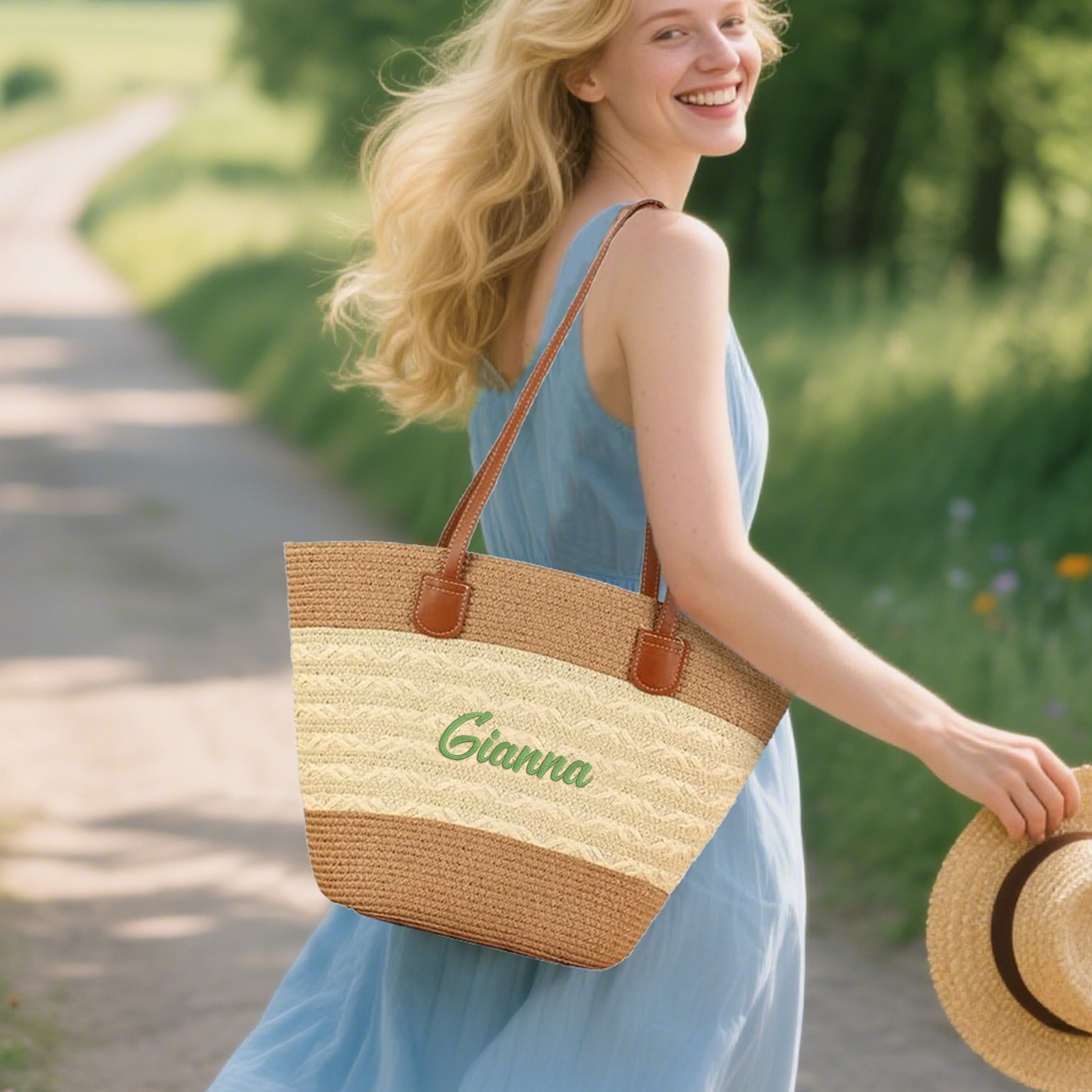 Sac de Plage personnalisé en Paille – 1 Prénom et Couleur au choix, Cadeau pour Femmes | Jessemade