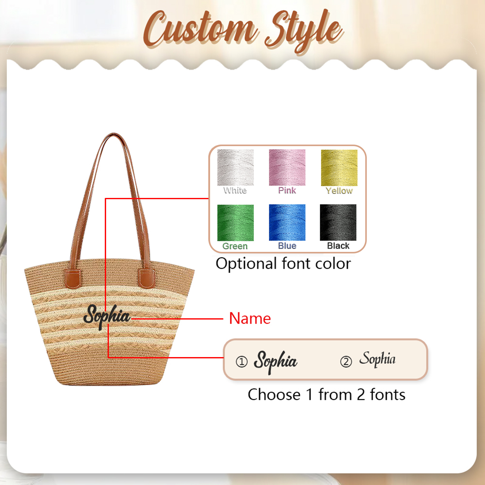 Sac de Plage en Paille personnalisé 1 Prénom et Couleur au choix - Cadeau unique pour Femmes | Jessemade