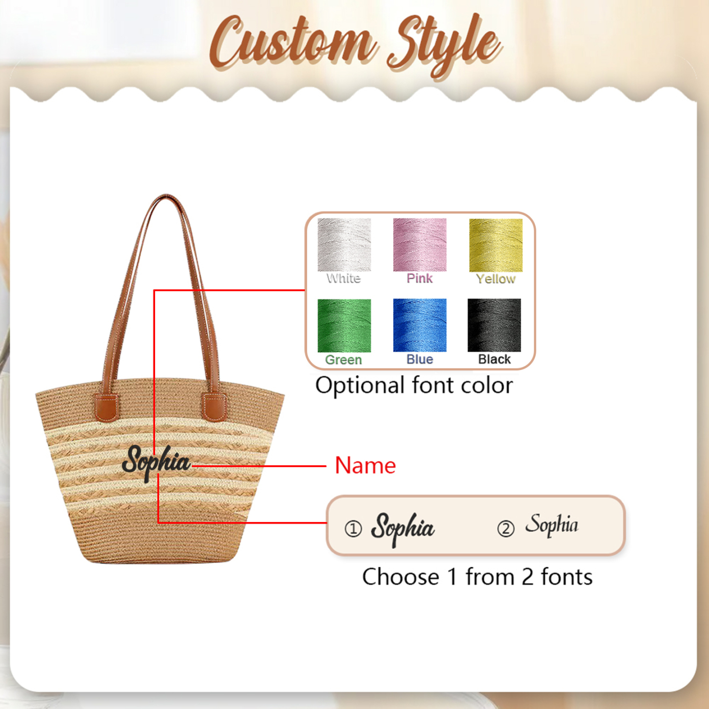 Sac de Plage en Paille personnalisé 1 Prénom et Couleur au choix - Cadeau unique pour Femmes | Jessemade