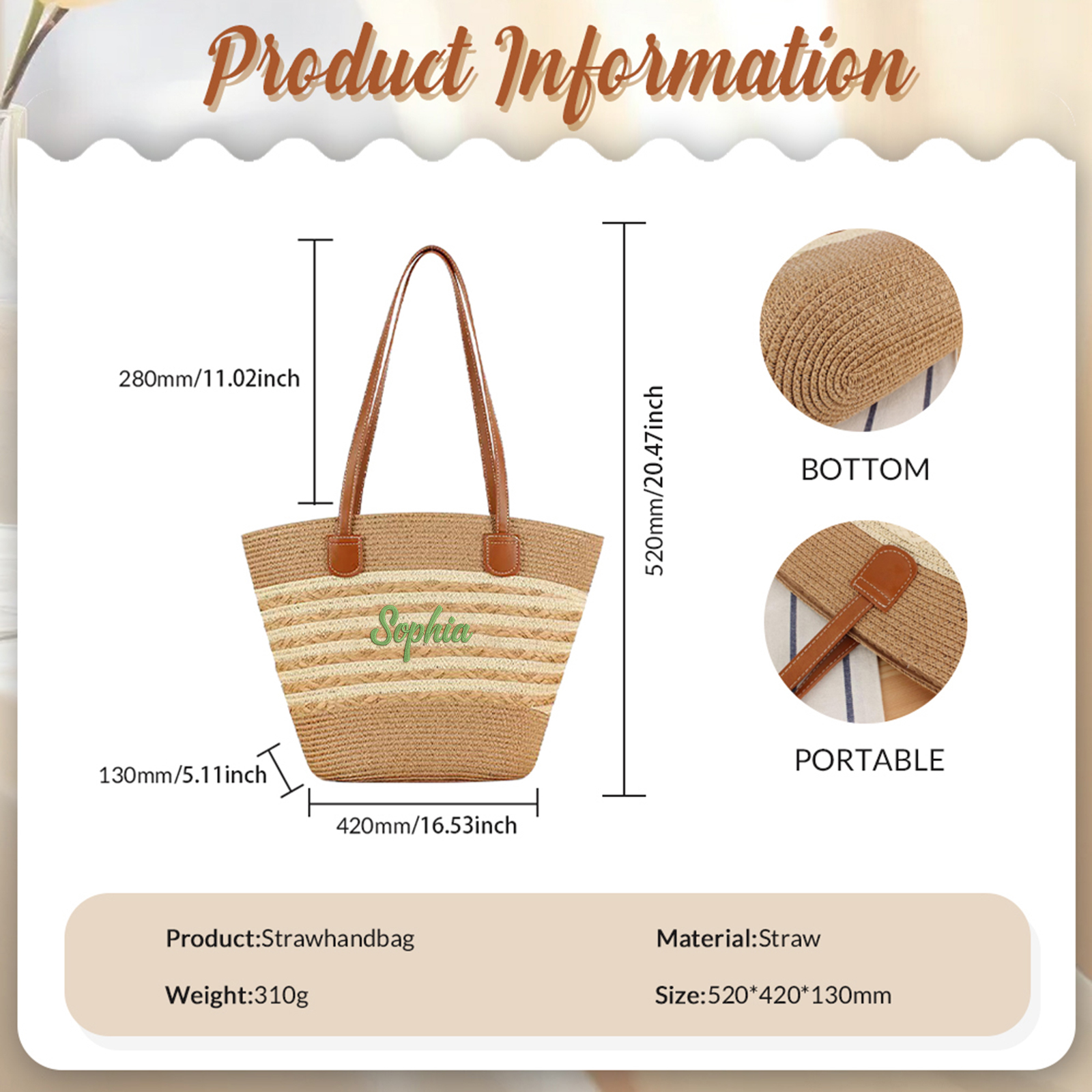 Sac de Plage en Paille personnalisé 1 Prénom et Couleur au choix - Cadeau unique pour Femmes | Jessemade