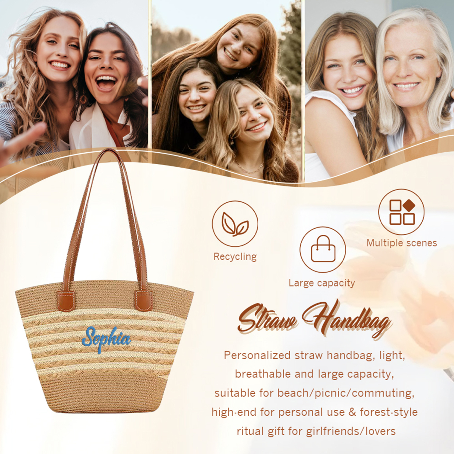 Sac de Plage en Paille personnalisé 1 Prénom et Couleur au choix - Cadeau unique pour Femmes | Jessemade