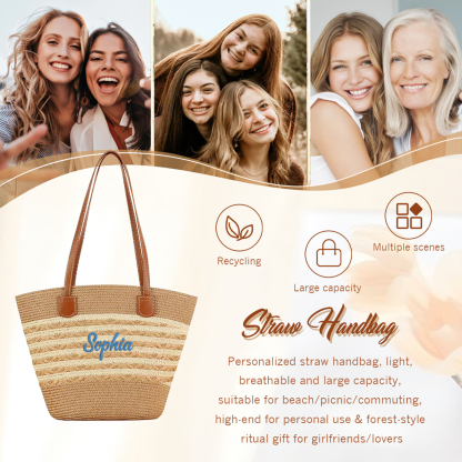 Sac de Plage en Paille personnalisé 1 Prénom et Couleur au choix - Cadeau unique pour Femmes | Jessemade