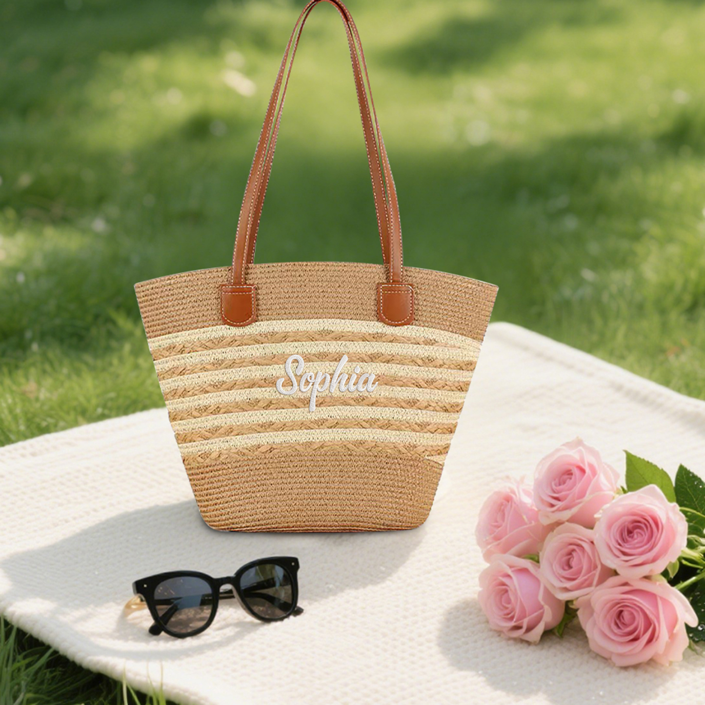 Sac de Plage en Paille personnalisé 1 Prénom et Couleur au choix - Cadeau unique pour Femmes | Jessemade