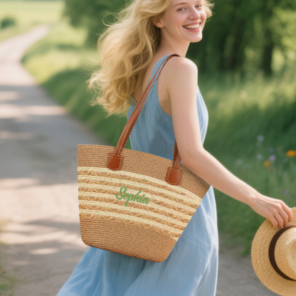 Sac de Plage en Paille personnalisé 1 Prénom et Couleur au choix - Cadeau unique pour Femmes | Jessemade
