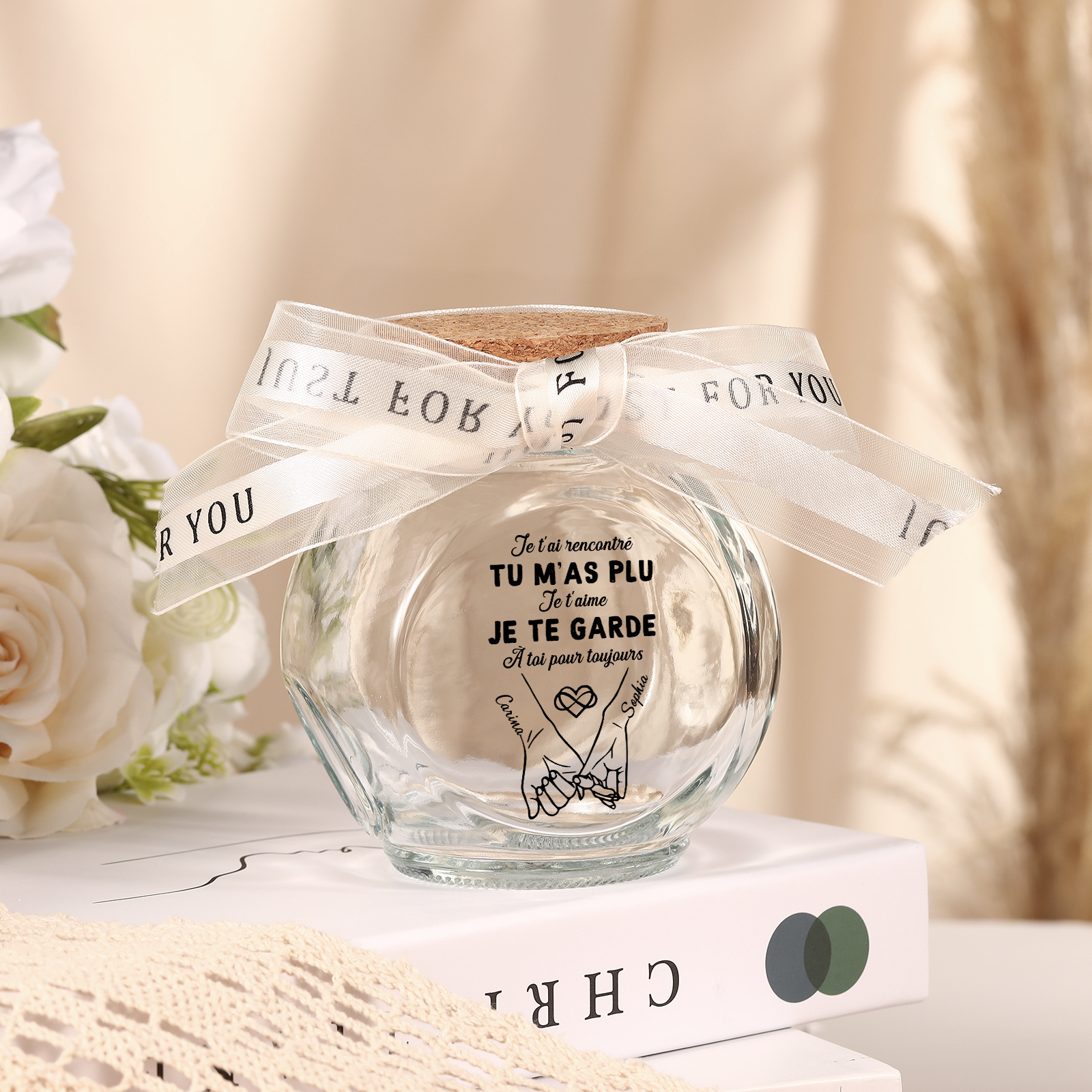 Bouteille Lumineuse Personnalisée en Verre, Bocal Lumineux LED avec Nœud en Ruban