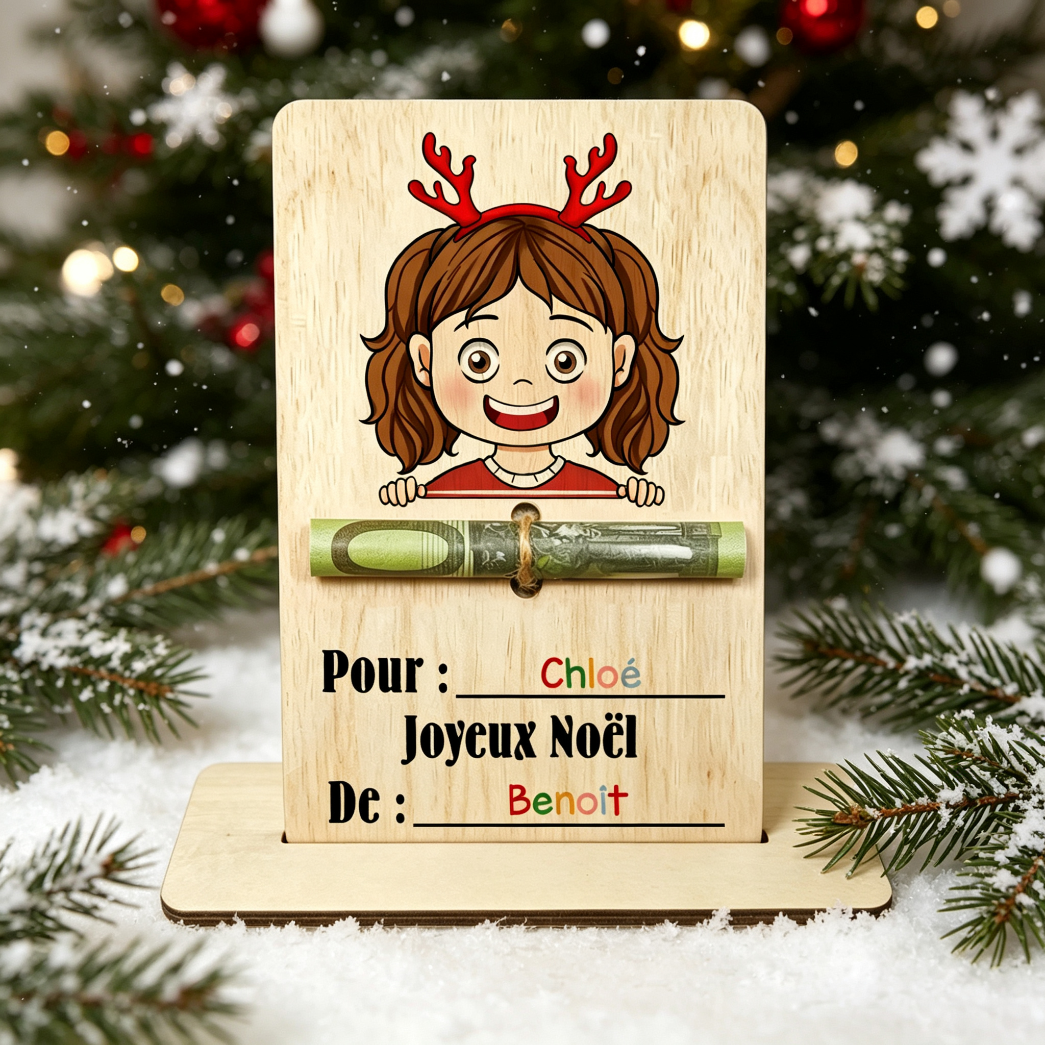 Porte-Billet de Noël Personnalisé en Bois avec 2 Prénoms – Carte Cadeau Argent pour Enfant