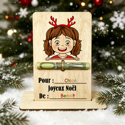 Porte-Billet de Noël Personnalisé en Bois avec 2 Prénoms – Carte Cadeau Argent pour Enfant