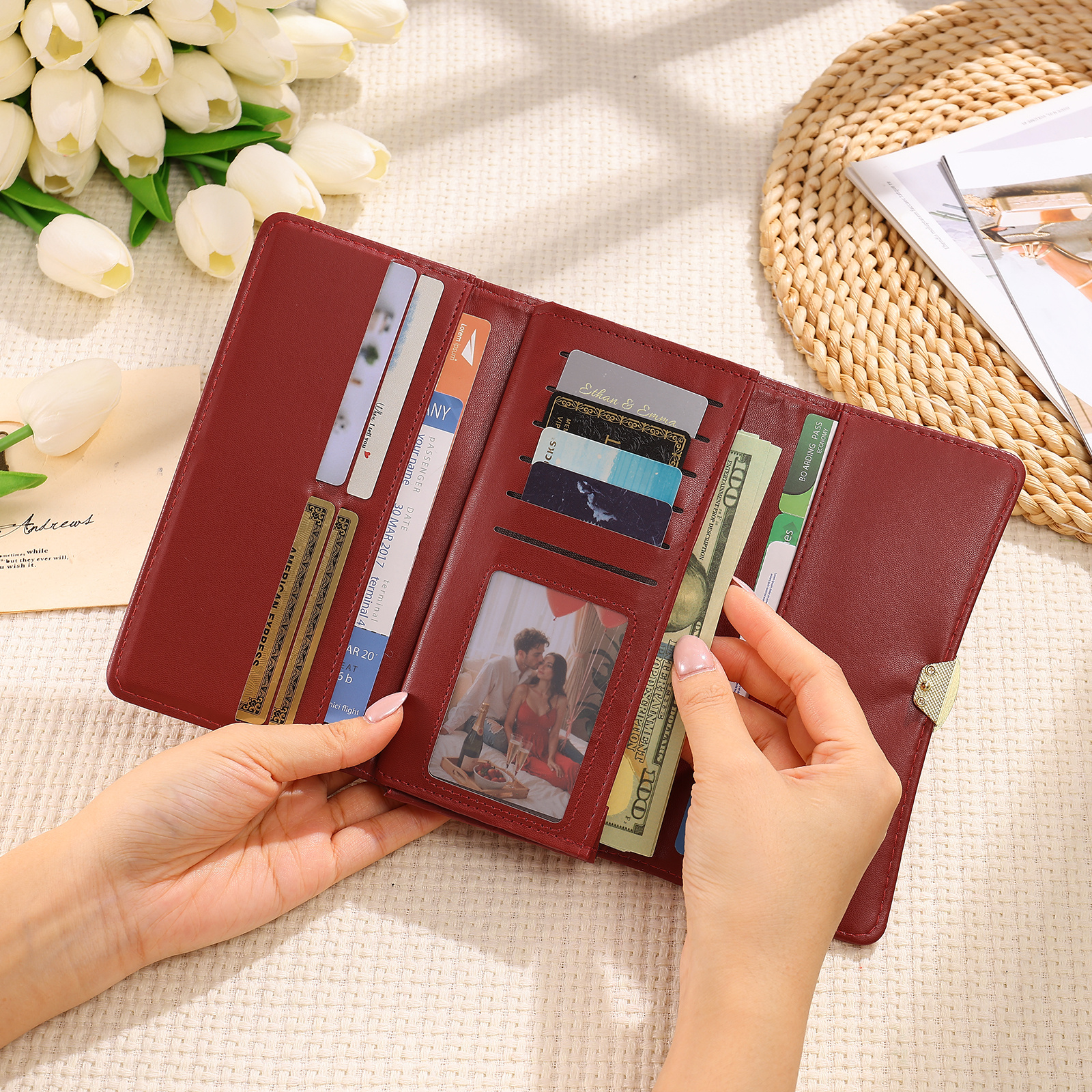 Portefeuille long Personnalisé pour Femme en cuir, avec Fleur de naissance et Prénom