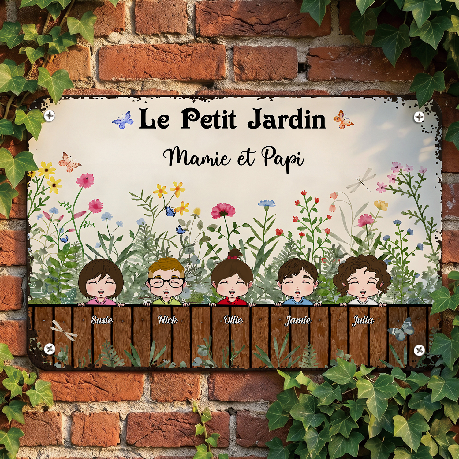 Plaque Métallique Personnalisée pour Famille avec jardin floral et 1 à 9 Prénoms d’Enfants