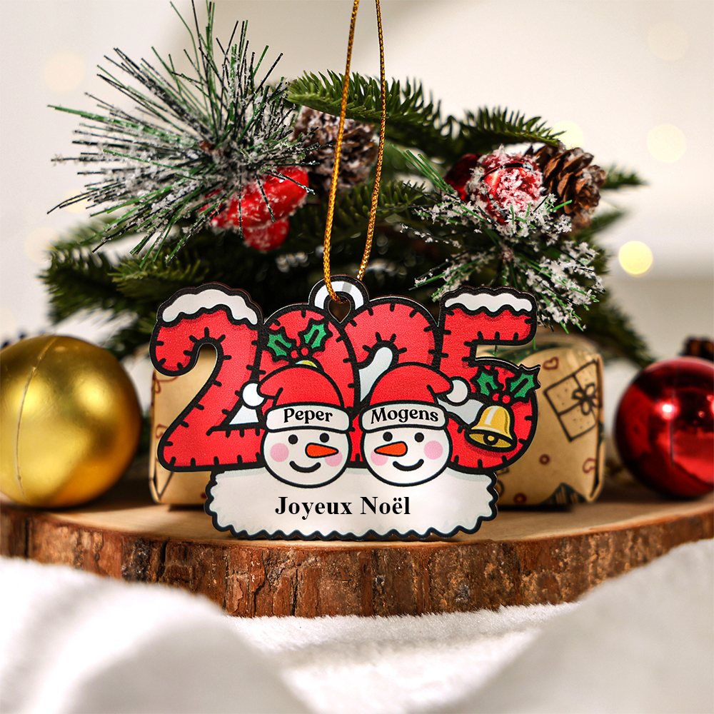 2025 Décoration Sapin Noël en Bois Personnalisée – Famille de Bonhommes de Neige avec 1 à 8 Prénoms