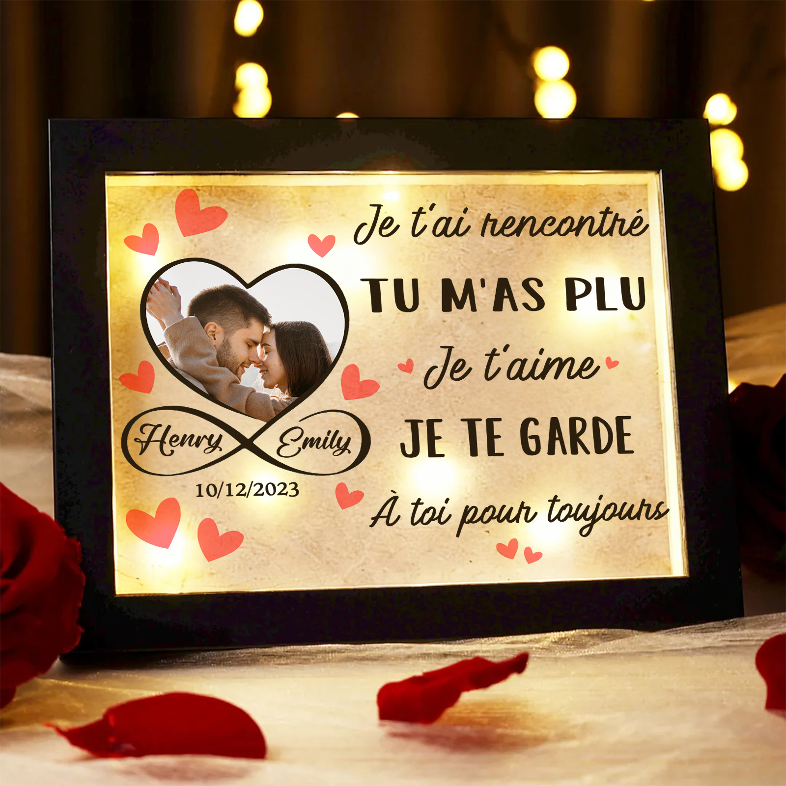 Cadre Photo Lumineux Personnalisé – Prénoms et Date, Cadeau d'Amour pour Couple