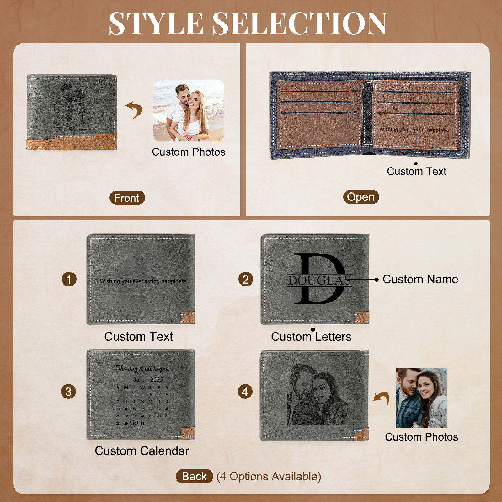 Portefeuille Homme Bicolore Personnalisé en cuir PU, à deux volets, personnalisé avec Photo, Calendrier, Initiales ou Prénom