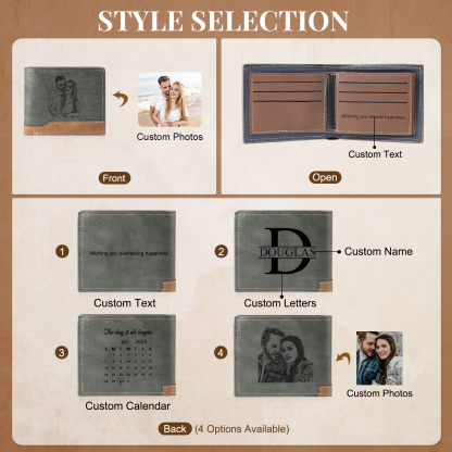 Portefeuille Homme Bicolore Personnalisé en cuir PU, à deux volets, personnalisé avec Photo, Calendrier, Initiales ou Prénom