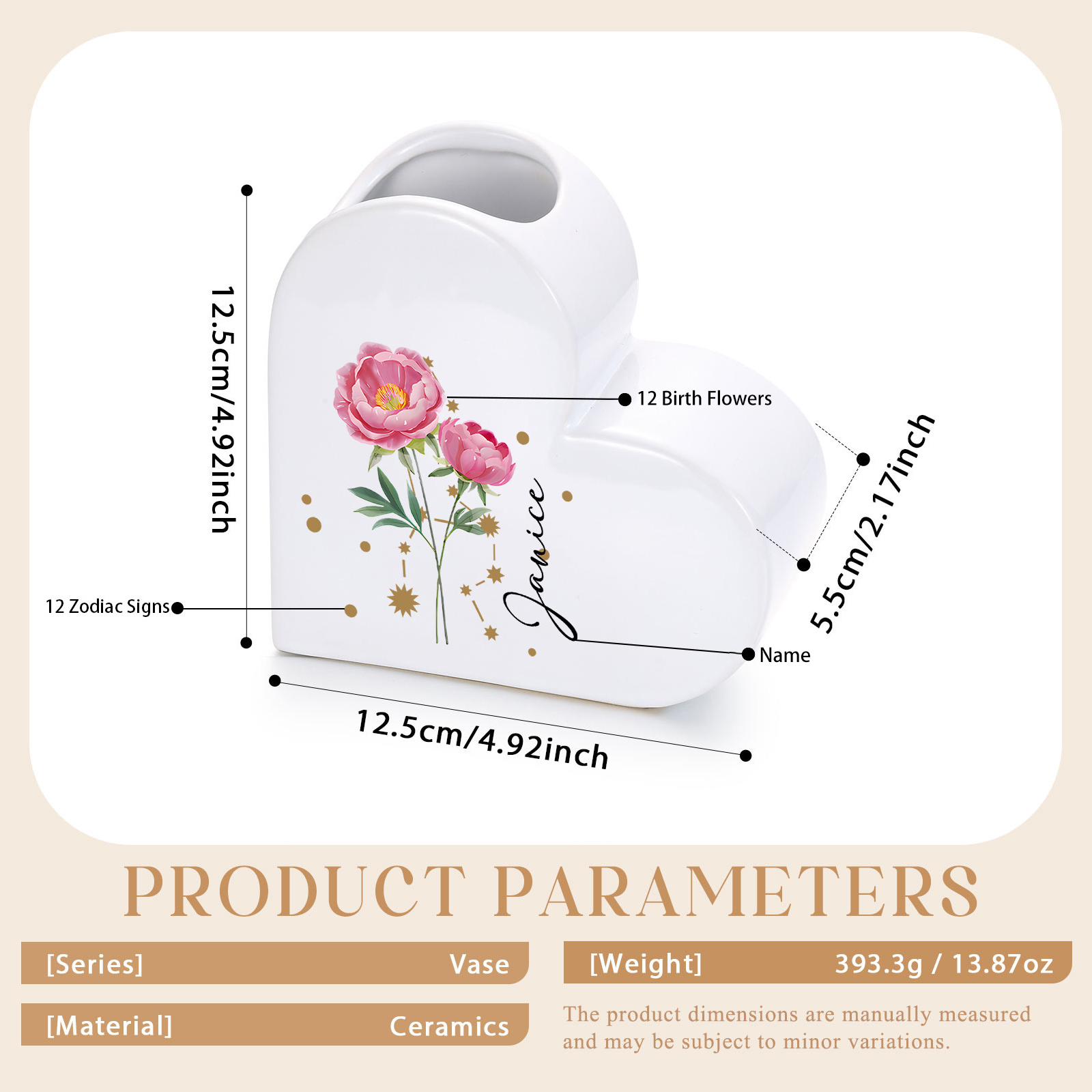Vase Cœur en céramique Personnalisé avec Fleurs de naissance et signes du zodiaque