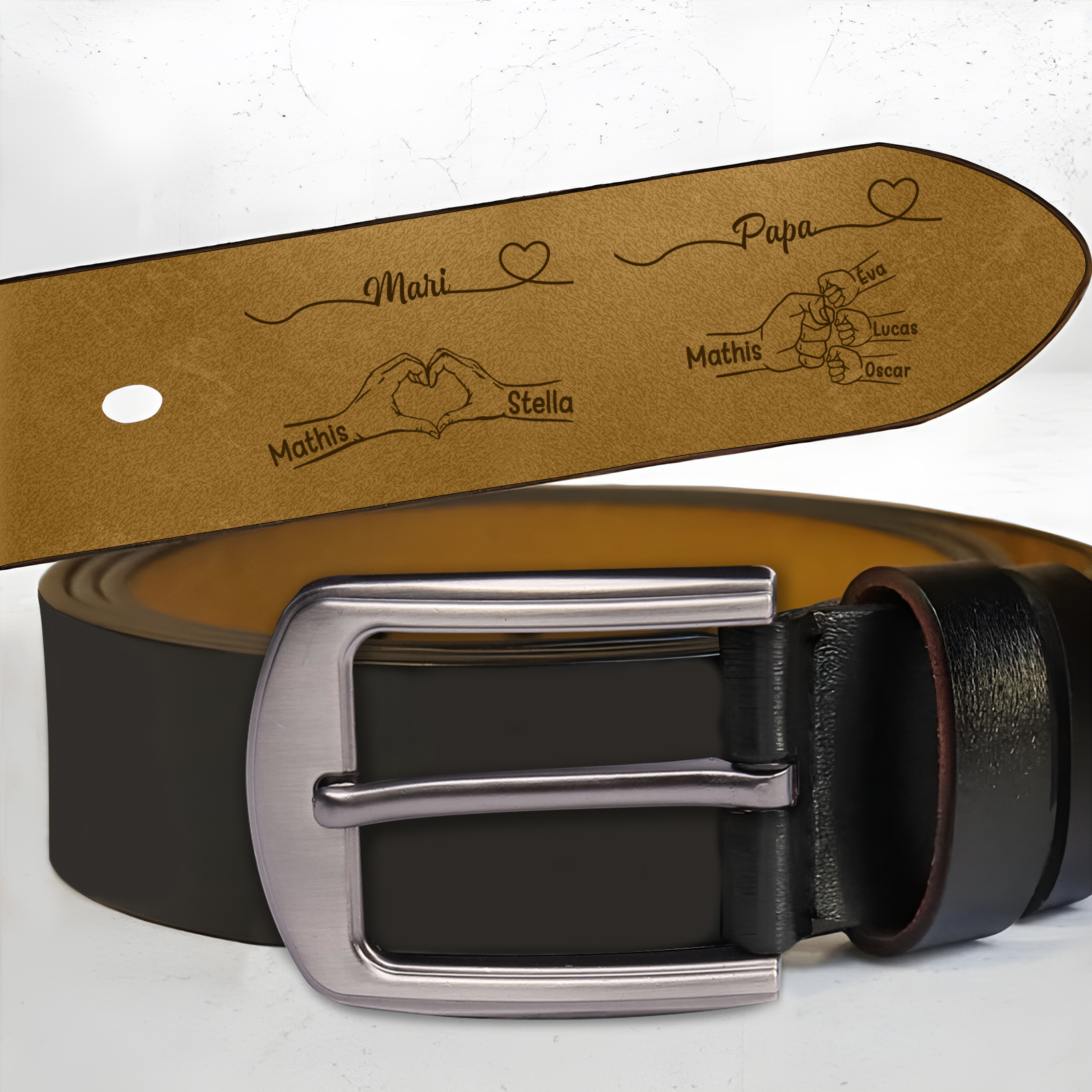 Ceinture Personnalisée pour Mari/Papa avec 1 à 6 Prénoms d'Enfants – Motif Cœur et Poings