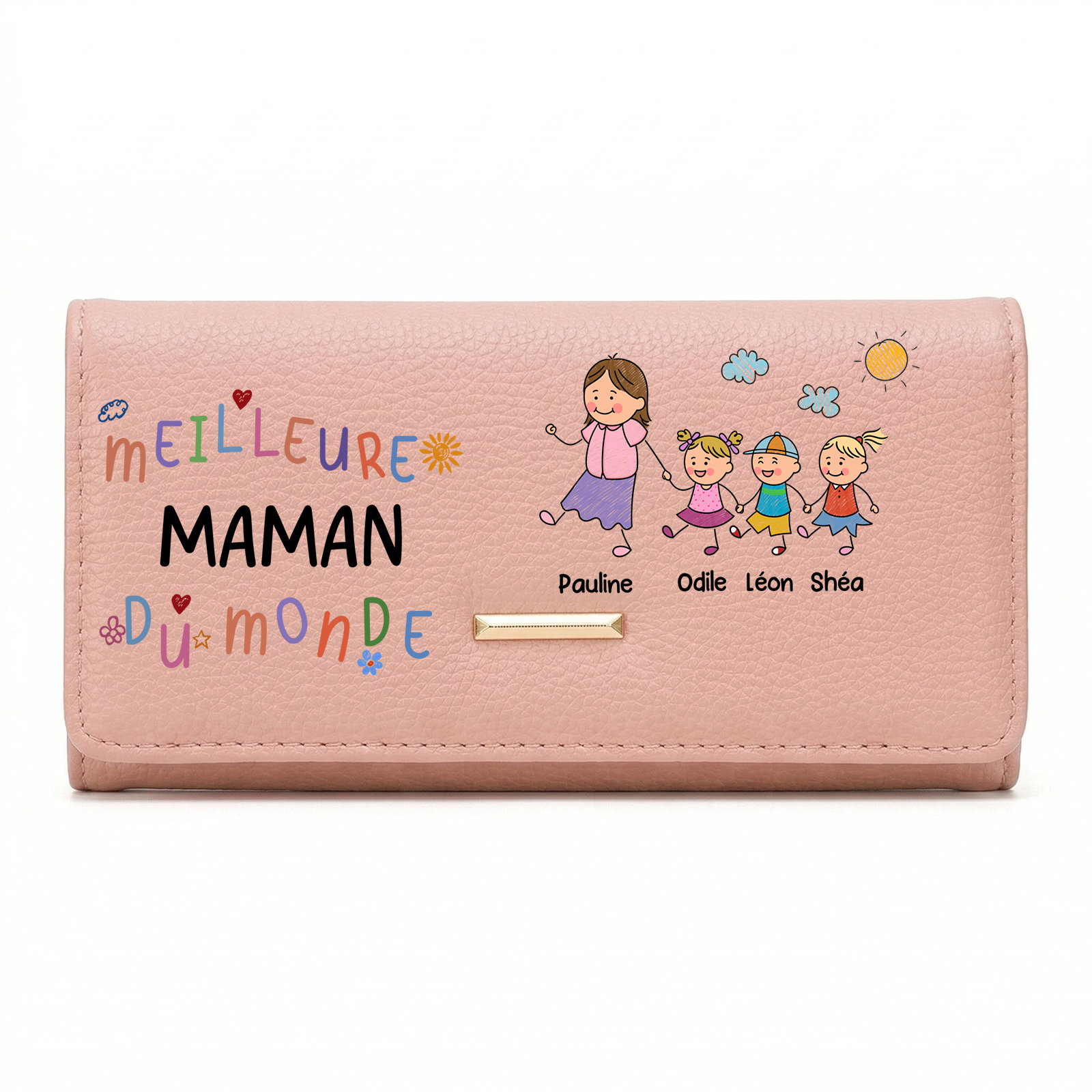 Portefeuille en cuir Personnalisé « Meilleure Maman/Mamie du monde » avec motif familial, personnalisé avec 1 à 8 Prénoms