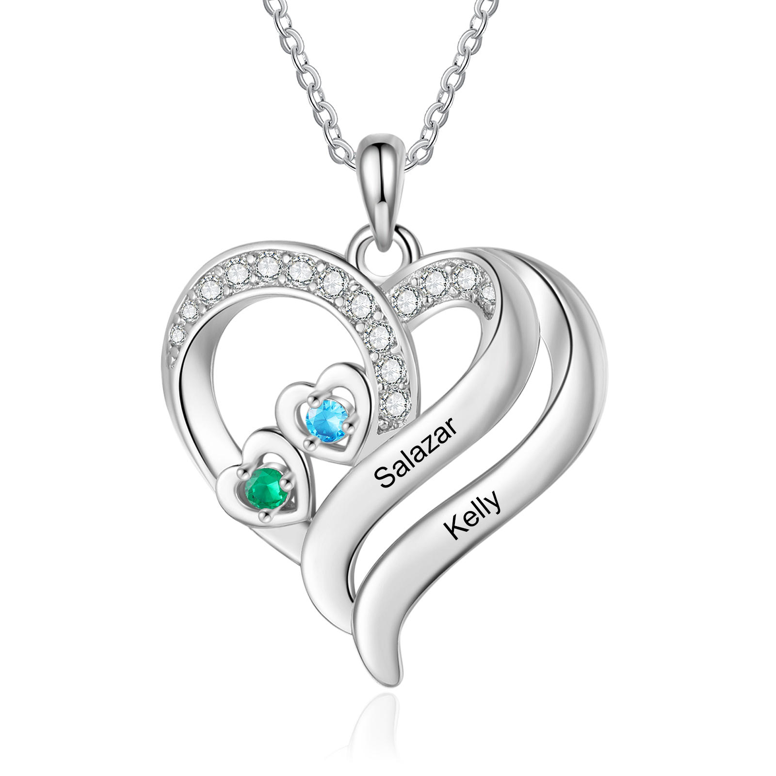 Collier Cœur pour Femme Personnalisé avec 2-4 Prénoms et Pierres de naissance