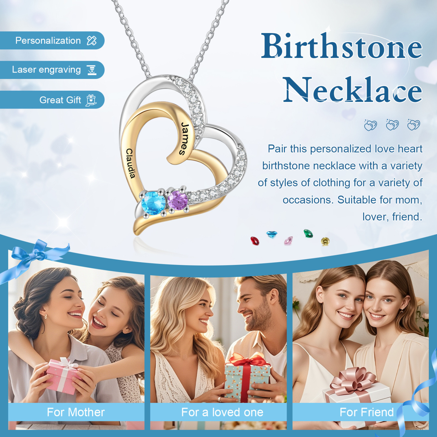 Collier Personnalisé à Double Cœur avec Pierre de Naissance