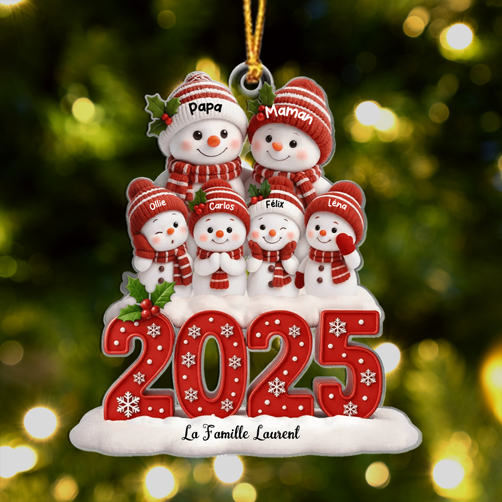 Décoration Sapin Noël personnalisé Famille de Bonshommes de Neige 2025