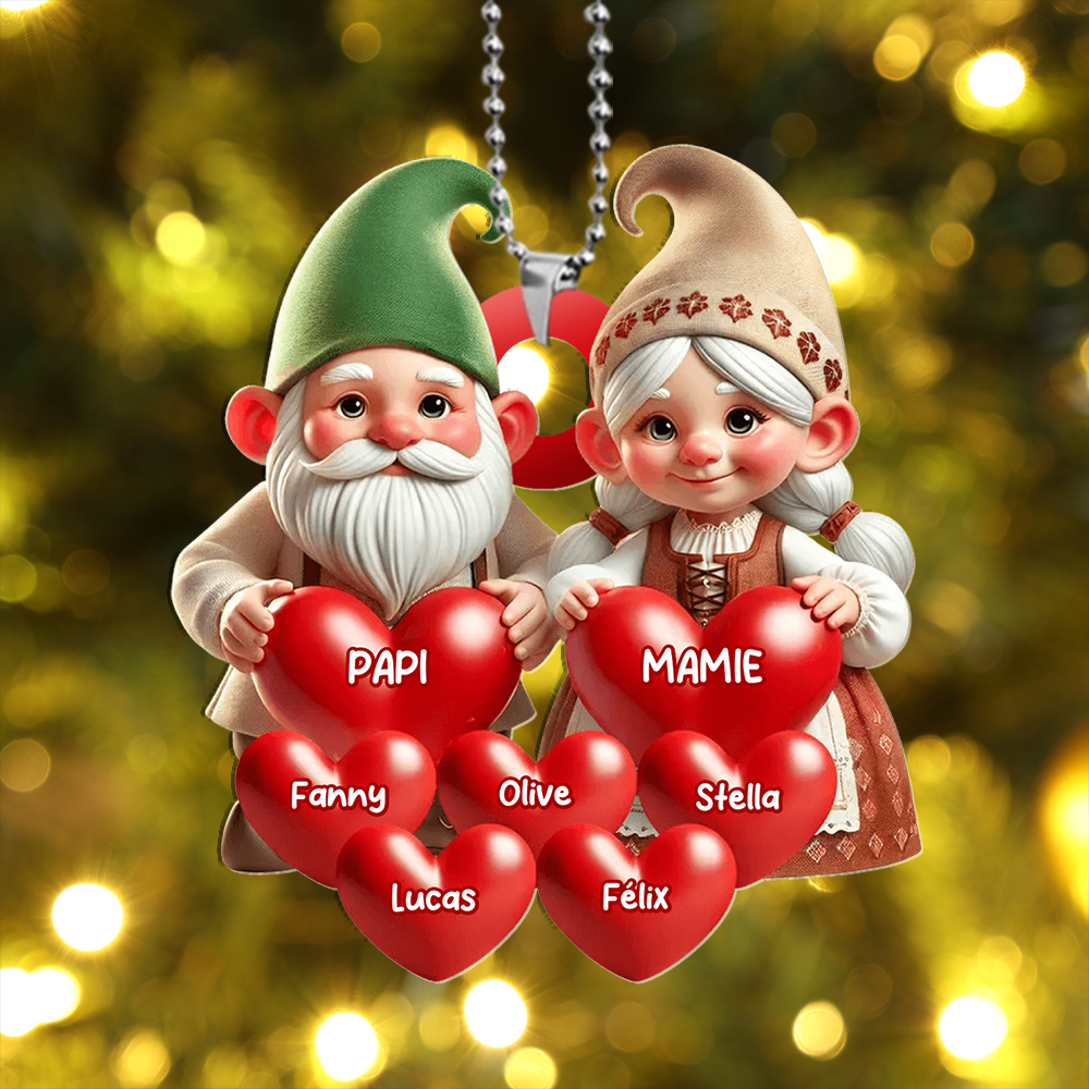 Décoration Sapin de Noël Gnomes Famille, Cœurs et Nom personnalisés