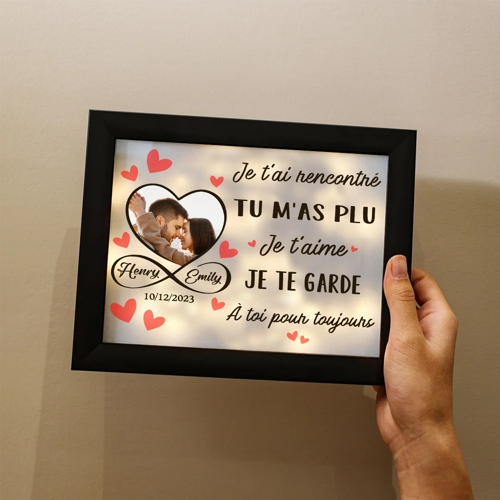 Cadre Photo Lumineux Personnalisé – Prénoms et Date, Cadeau d'Amour pour Couple