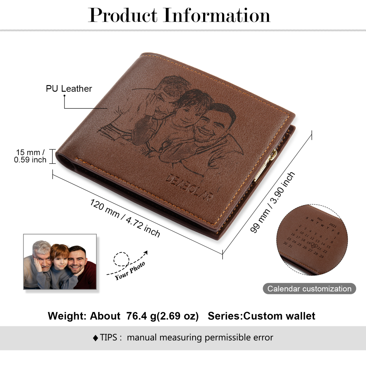 Portefeuille Personnalisé Photo et Date Personnalisé Porte-Monnaie Carte Classique Homme Cadeau pour Père | Jessemade