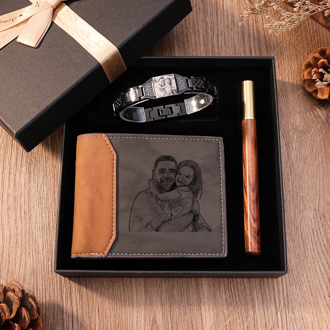 Coffret Cadeau Homme Personnalisé - Portefeuille Gravé, Bracelet Photo, Stylo Élégant | JesseMade