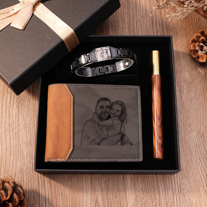 Coffret Cadeau Homme Personnalisé - Portefeuille Gravé, Bracelet Photo, Stylo Élégant | JesseMade
