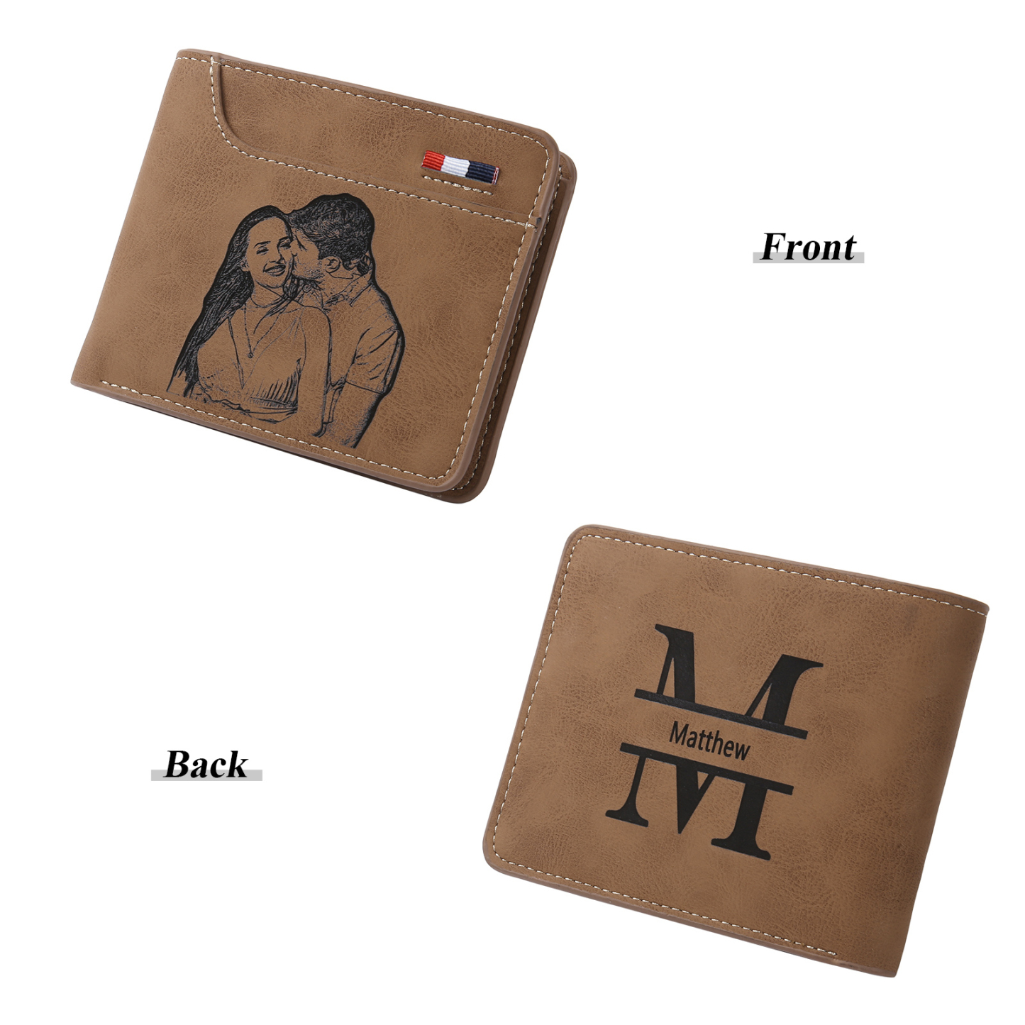 Coffret Cadeau 3PCS - Portefeuille cuir classique Porte-Clés et Stylo 1 Prénom et Lettre Personnalisés avec 2 Textes et 2 Photos Coffret Cadeau pour Homme