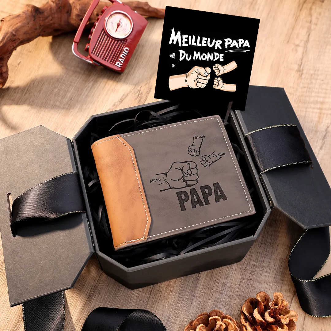 À mon Papa - Portefeuille Poings 3 Prénoms Personnalisés avec Photo Classique Homme | Jessemade