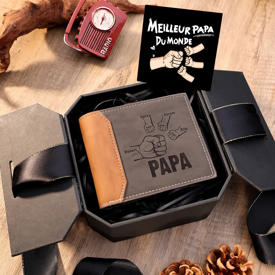 À mon Papa - Portefeuille Poings 4 Prénoms Personnalisés avec Photo Classique Homme-Jessemade FR