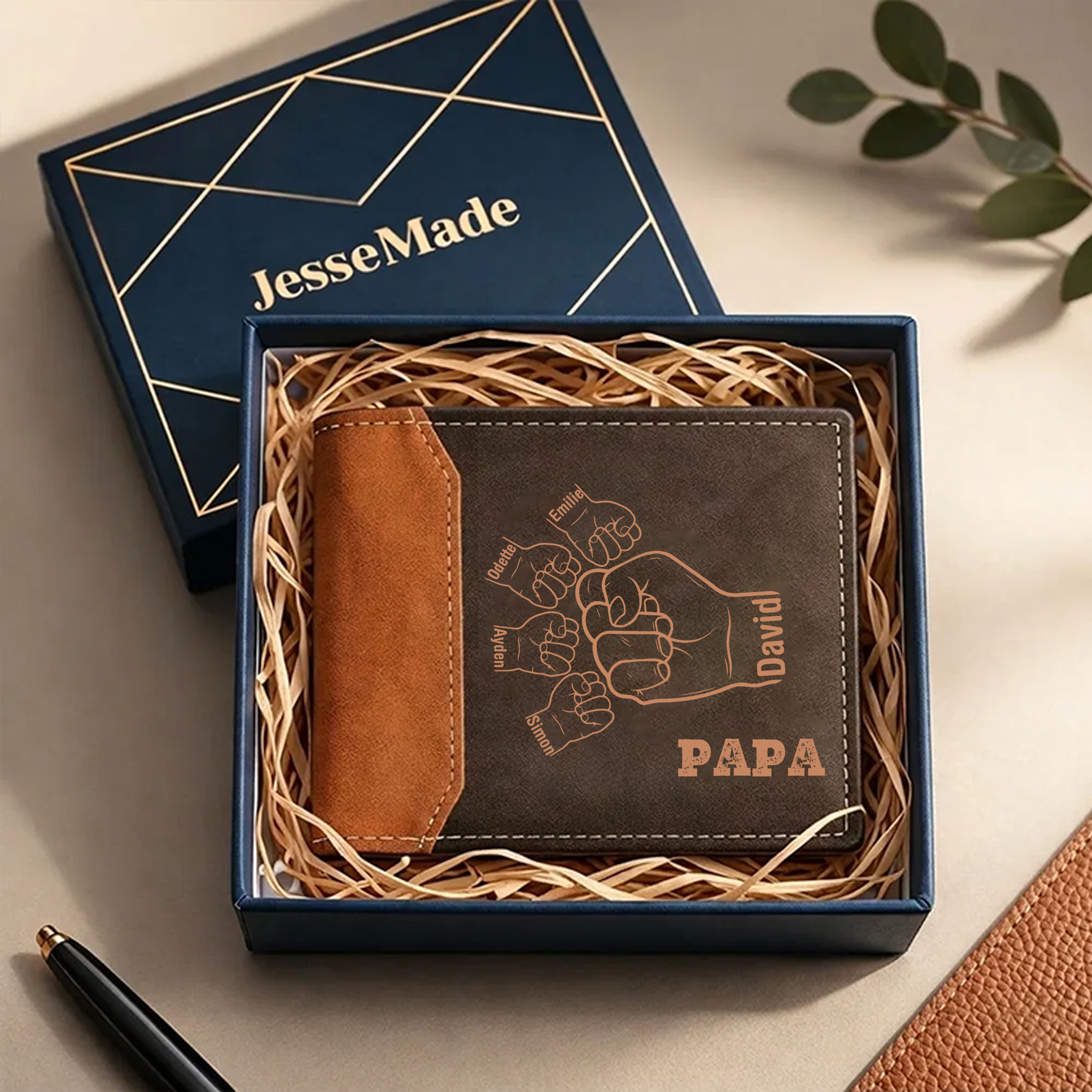 À mon Papi/Papa - Portefeuille Classique Poings 2-9 Prénoms Personnalisés Porte-Monnaie Carte | Cadeau Fête des Pères | Jessemade