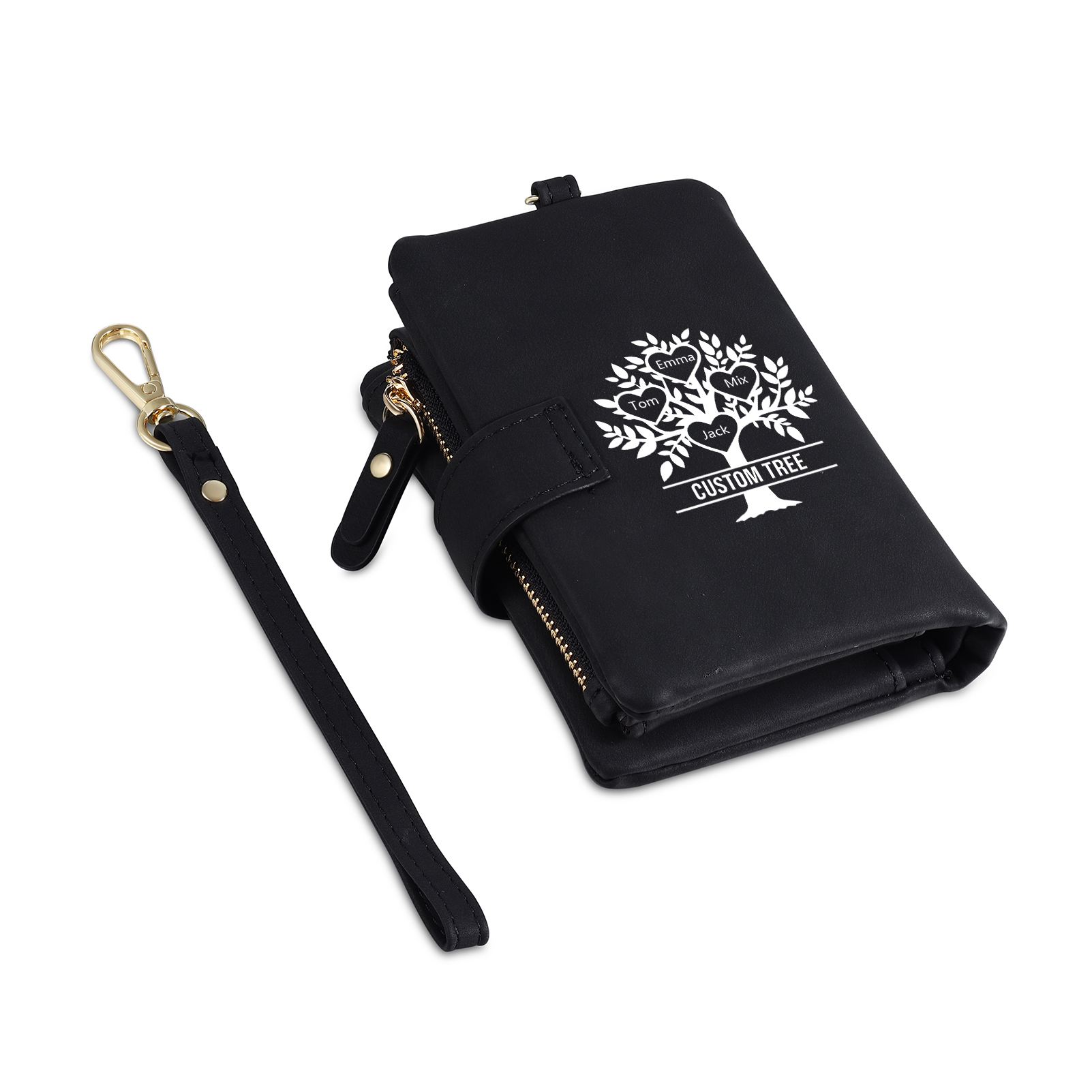 Portefeuille Arbre de vie 4 Prénoms Personnalisés avec Lettre et Texte Porte-Monnaie Carte pour Famille