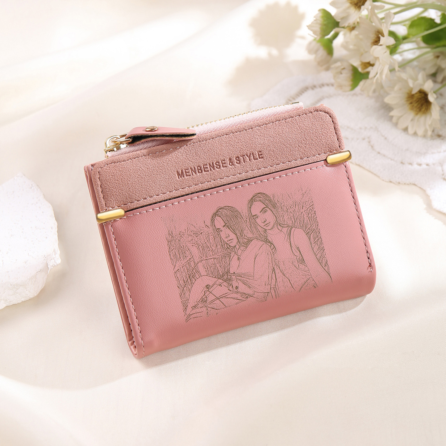 Portefeuille en cuir PU Photo Personnalisée avec Texte Porte-Monnaie Rose Cadeau pour femme | Jessemade