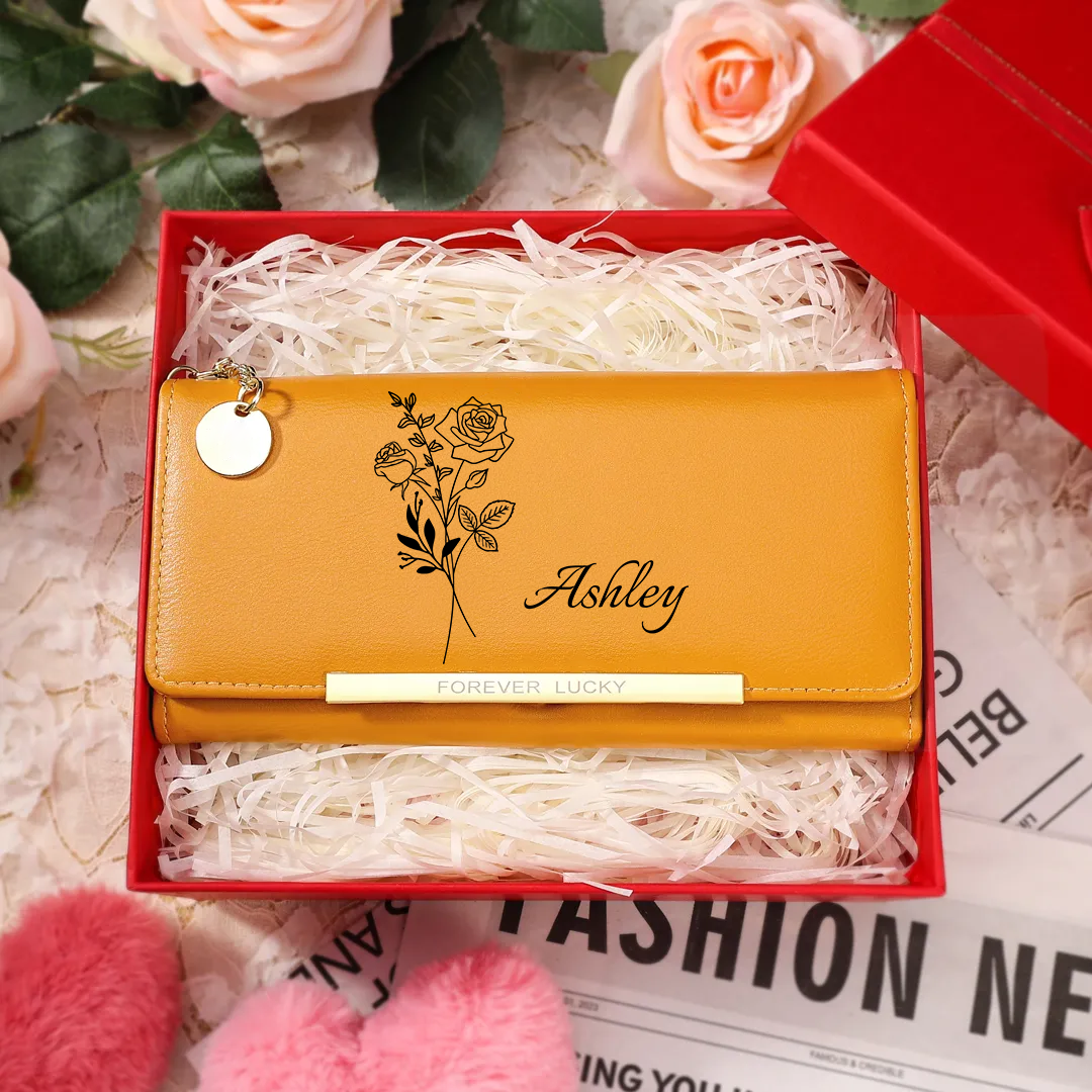 🔥HOT!Portefeuille Personnalisé en cuir PU avec Fleur de Naissance et Prénom Porte-monnaie pour Femme | Jessemade